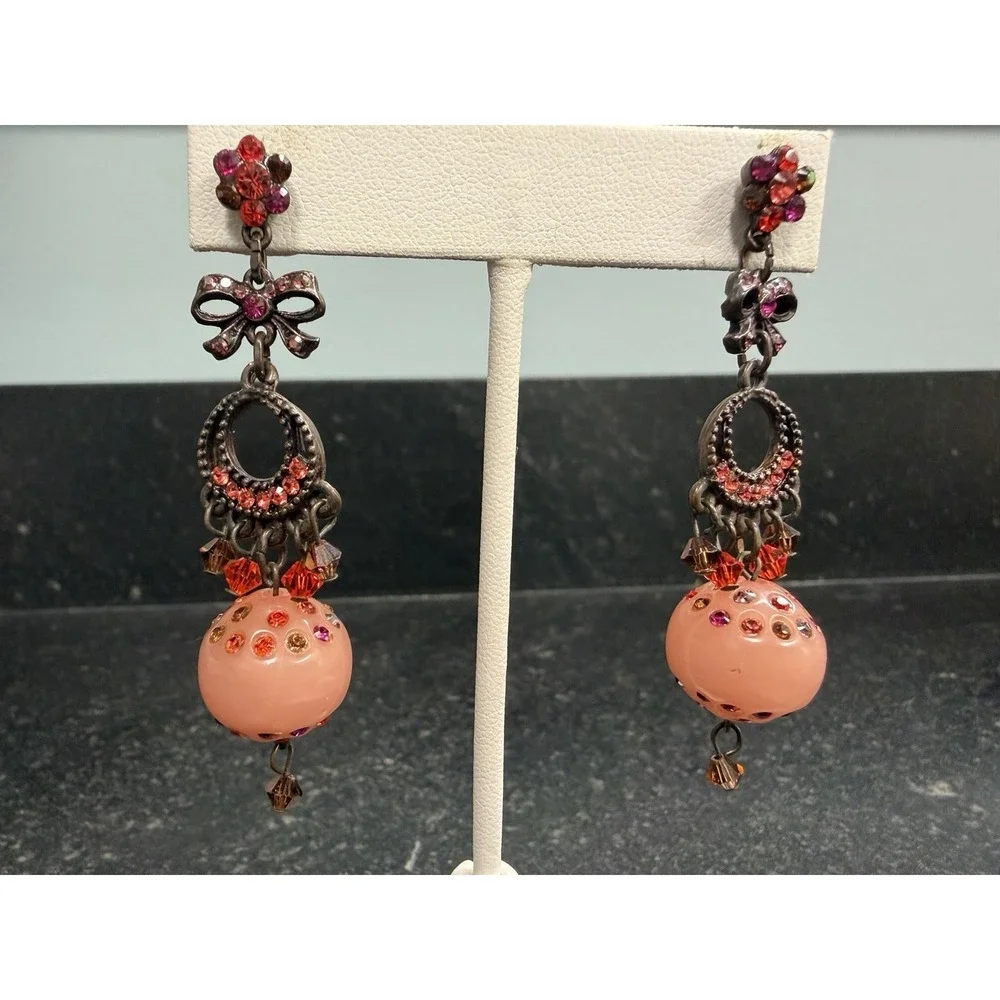 Unmarked Rhinestone Dangle Earrings Pink Bead Bow Chandelier 2.5